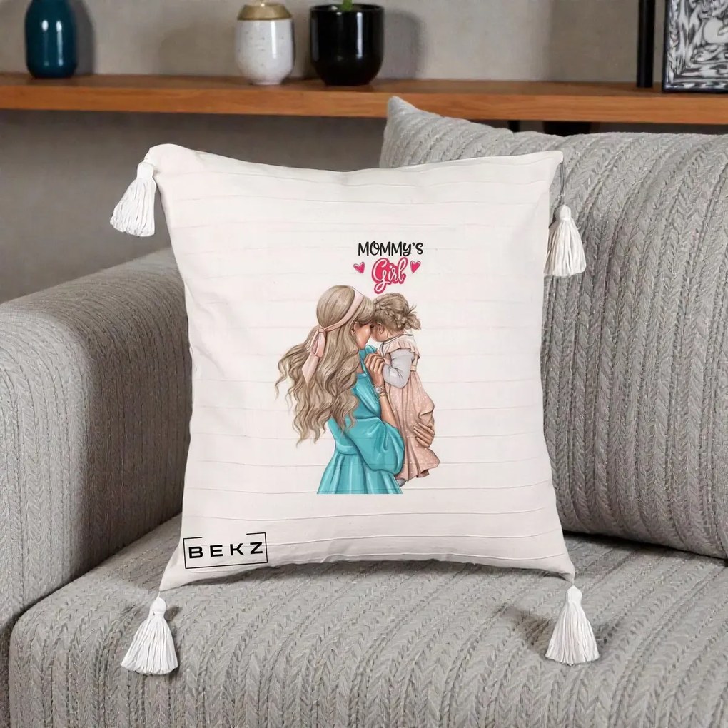 Cadou pentru Mama - Perna Personalizata Mommy's Girl Mama si Fetita, 40x40 cm, Bej cu Franjuri, Husa Detasabila, Perna Inclusa, BEKZ®