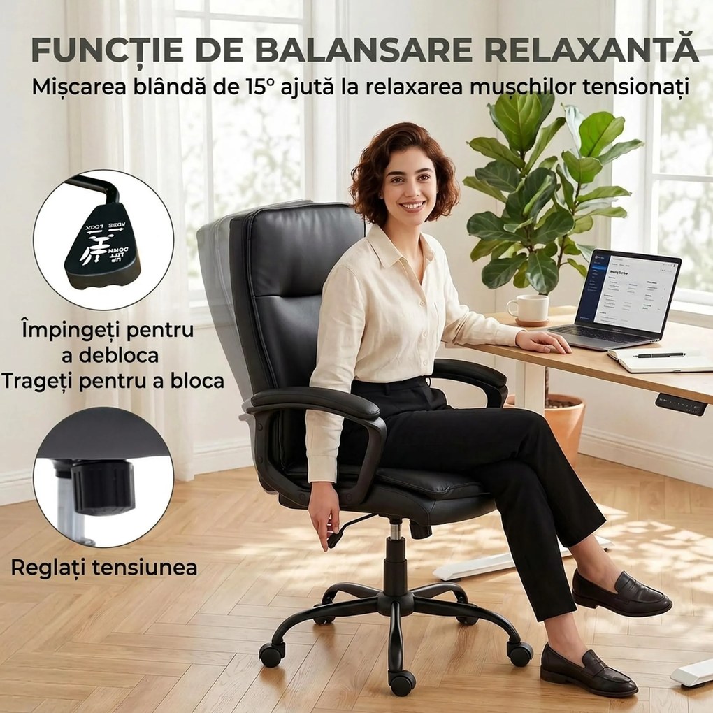 HOMCOM Scaun de Birou Rotativ din Piele PU, Funcție Legănare, Spătar Înalt, Reglabil pe Înălțime, Suportă 120 kg, Negru | Aosom Romania