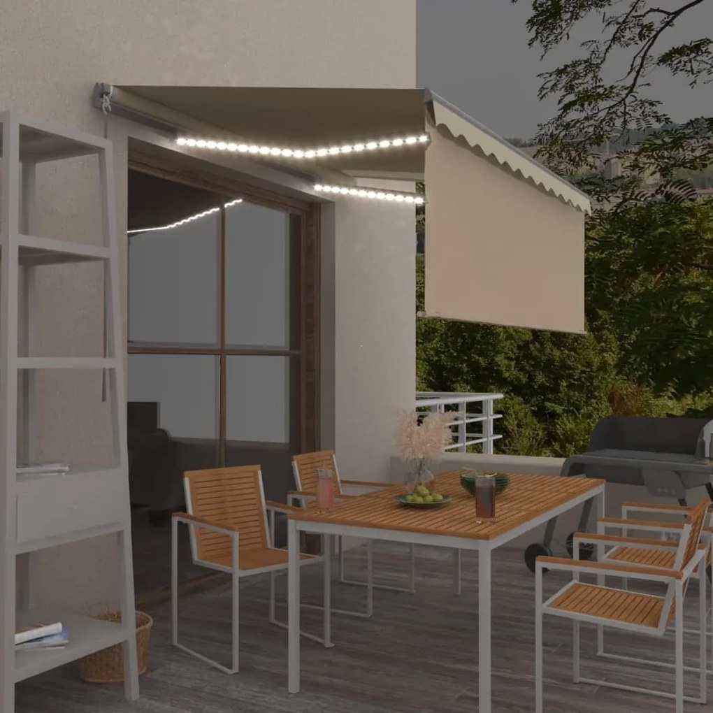 vidaXL Copertină retractabilă manual cu stor&amp;LED, crem, 3x2,5 m