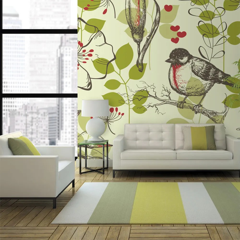 Fototapet Bimago - Bird and lilies vintage pattern + Adeziv gratuit 200x154 cm