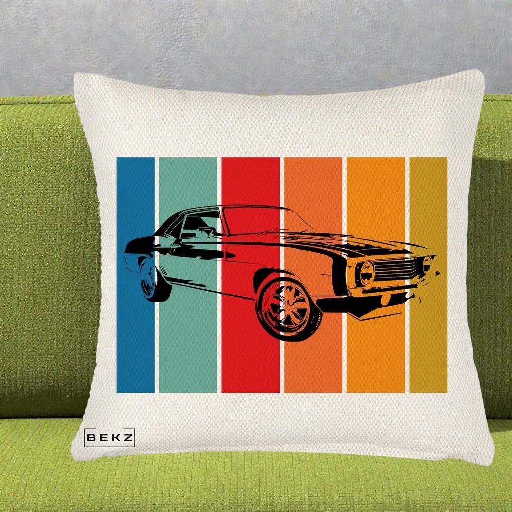 Perna Personalizata Masina Retro Muscle Car Grafic, 40x40 cm, Crem Reliefat, Husa Detasabila, Perna Inclusa, BEKZ®