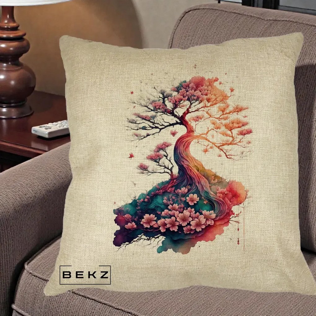 Perna Decorativa Copac Sakura Acuarela Fantasy, 40x40 cm, Crem, Husa Detasabila, Perna Inclusa, BEKZ®