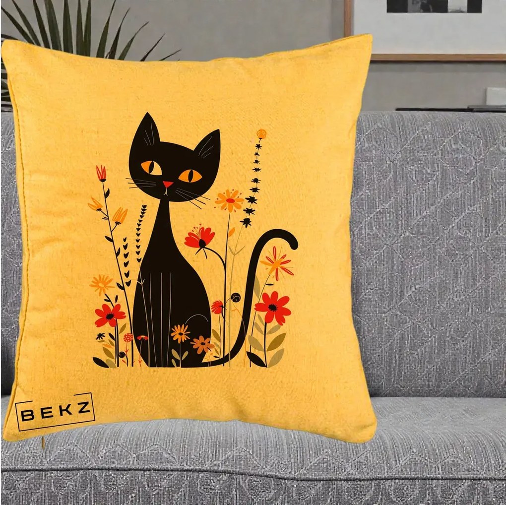 Perna Decorativa Pisica Neagra Ochi Galbeni Flori, 40x40 cm, Galben, Husa Detasabila, Perna Inclusa, BEKZ®