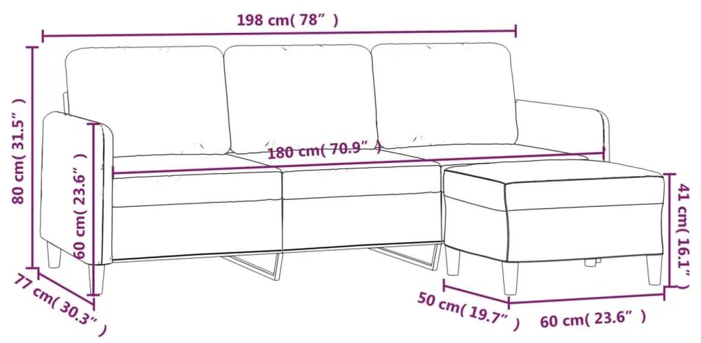 Canapea cu 3 locuri si taburet, gri deschis, 180 cm, textil Gri deschis, 198 x 77 x 80 cm