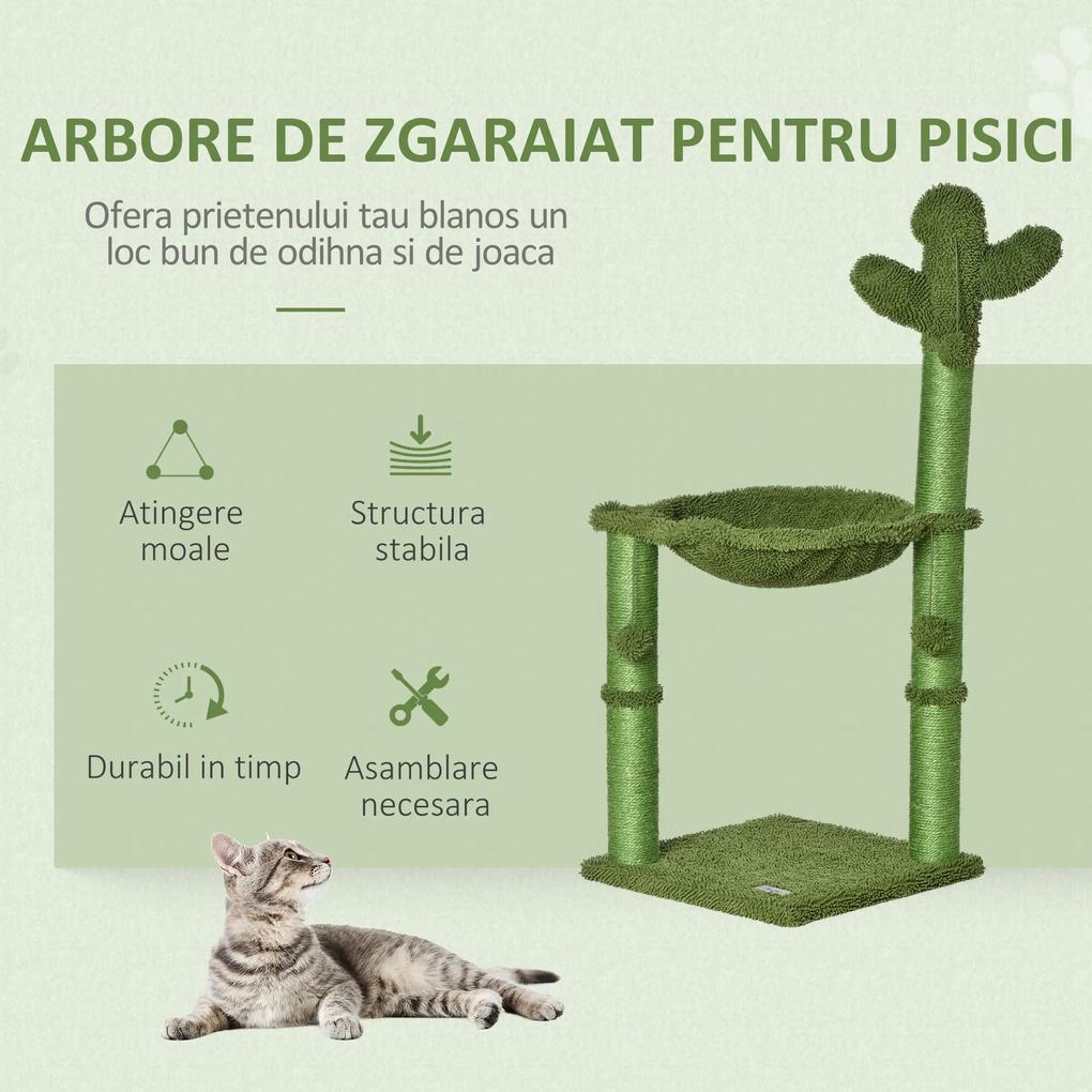 PawHut Centru de Activități pentru Pisici în Formă de Cactus, Zona de Joacă și Odihnă, 40x40x96cm, Verde | Aosom Romania