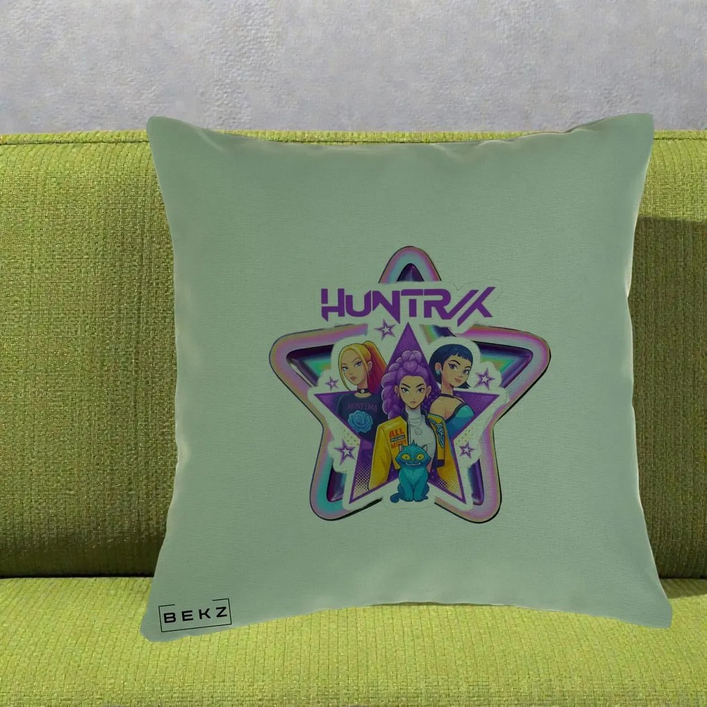 Perna Personalizata K-pop HUNTRX Trio Stea cu Pisica, 40x40 cm, Verde, Husa Detasabila, Perna Inclusa, BEKZ®