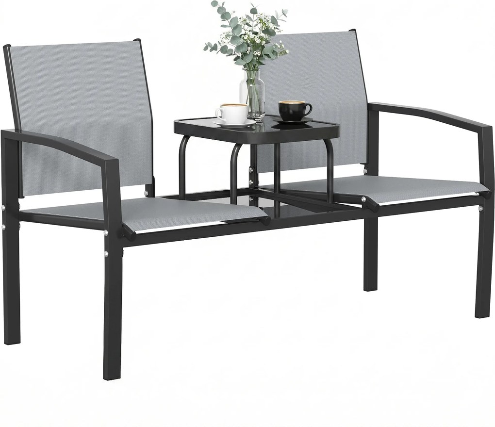 Outsunny Bancă de grădină pentru 2 persoane cu spătar și brațere, masă din sticlă în 2 niveluri, rezistă la 240 kg 135 x 67 x 81 cm Gri | Aosom Romania