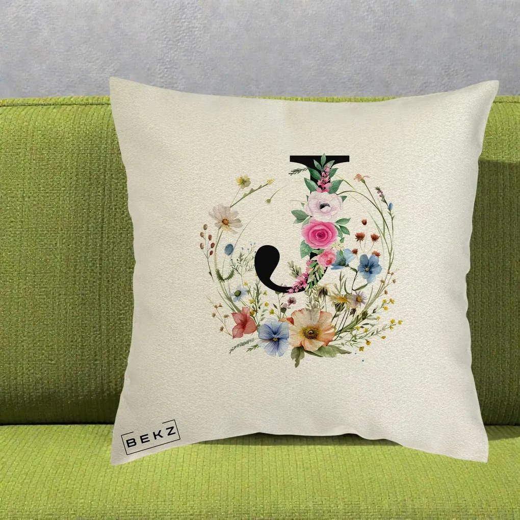 Cadou Personalizat - Perna Personalizata Monogram Litera J cu Flori Acuarela, 40x40 cm, Ecru, Husa Detasabila, Perna Inclusa, BEKZ®