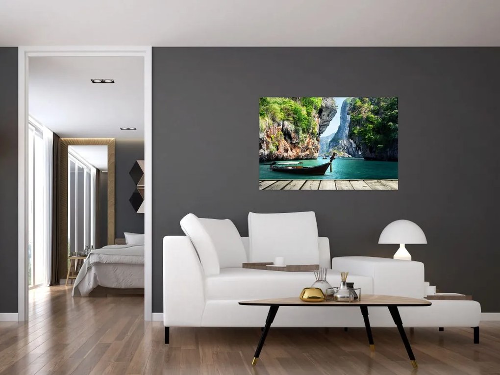 Tablou - Apă peisaj mediteranean cu barca (90x60 cm)