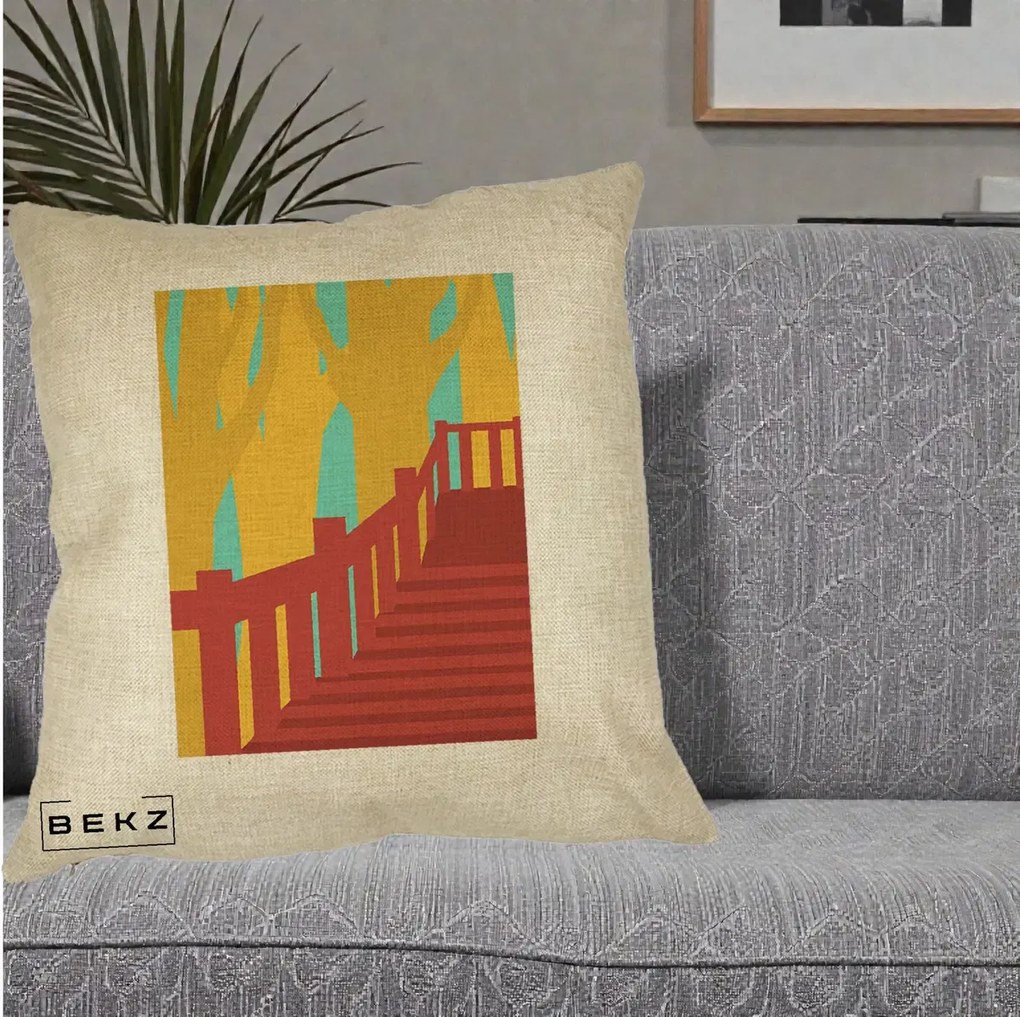 Perna Decorativa Scari Toamna Peisaj Grafic, 40x40 cm, Crem, Husa Detasabila, Perna Inclusa, BEKZ®