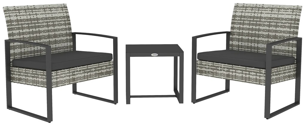 Outsunny Salon de jardin 3 piese 2 scaune cu perne + masă de cafea cu blat din sticlă securizată rășină tressée gri deschis | Aosom Romania