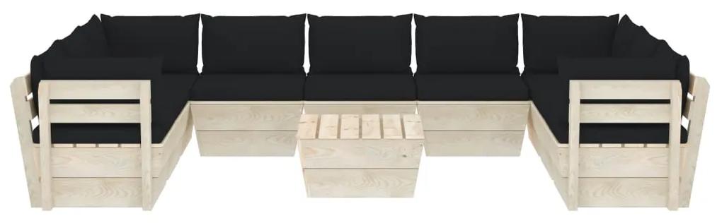 Set mobilier gradina din paleti, 10 piese, cu perne, lemn de molid Negru, 4x colt + 5x mijloc + masa, 1
