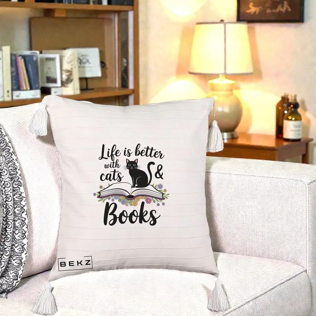 Perna Personalizata Life is Better Cats and Books, 40x40 cm, Bej cu Franjuri, Husa Detasabila, Perna Inclusa, BEKZ®