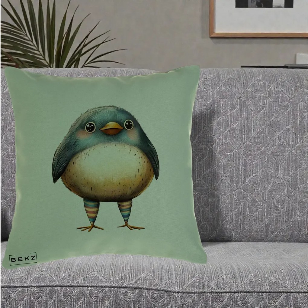 Perna Decorativa Pasare Teal-Bej cu Sosete Curcubeu, 40x40 cm, Verde, Husa Detasabila, Perna Inclusa, BEKZ®