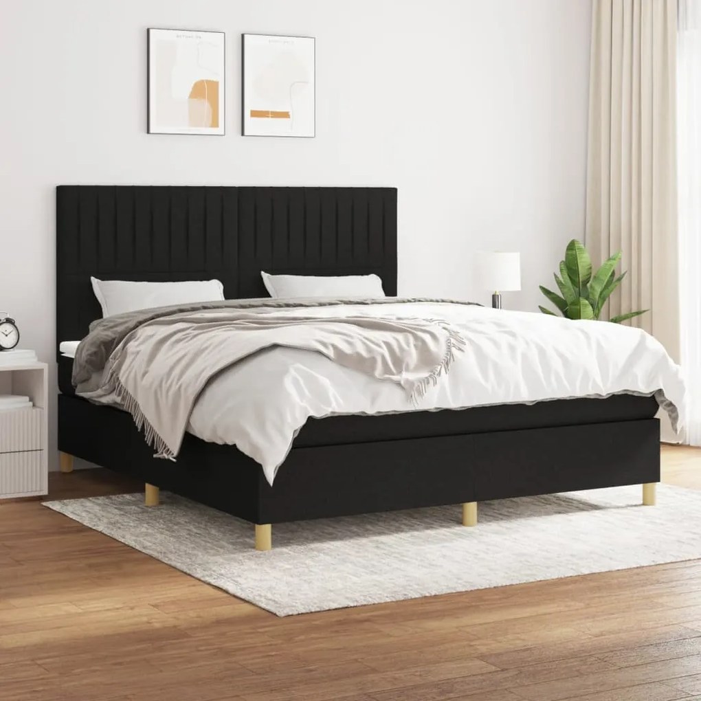 Pat box spring cu saltea, negru, 180x200 cm, catifea Negru, 180 x 200 cm, Benzi verticale