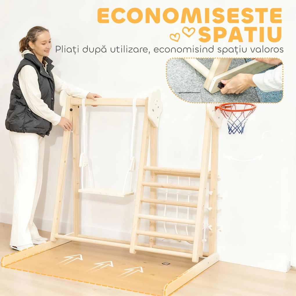 AIYAPLAY Set de Cățărare 5 în 1 cu Tobogan, 2 Pereți de Cățărare, Leagăn și Coș de Baschet, din Lemn, 140x172.5x116.5 cm | Aosom Romania