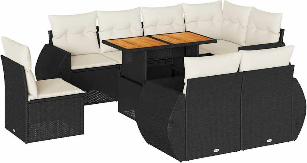 vidaXL Set mobilier de grădină cu perne, 9 piese, negru, poliratan