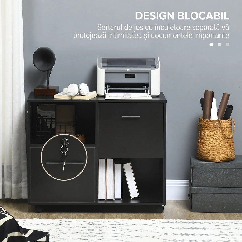 Vinsetto Dulap Mobil de Birou cu 2 Sertare pentru Dosare Rafturi Deschise PAL Manere Oțel Roti Blocare 80x40x66cm Negru | Aosom Romania