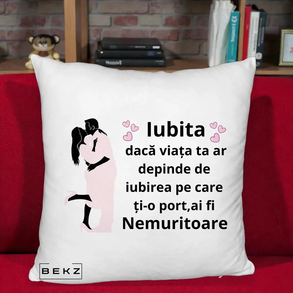 Cadou pentru Iubita - Perna Personalizata Iubita Nemuritoare cu Siluete de Cuplu, 40x40 cm, Alb Pufos, Husa Detasabila, Perna Inclusa, BEKZ®