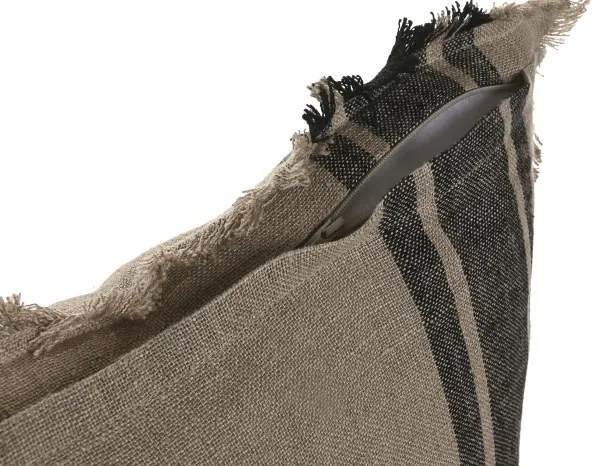 Pernă decorativă pătrată din in natural cu dungi negre și franjuri, 50 x 50 cm, 525 g, bej și negru, husă cu fermoar, „Linen Cushion Square Striped"
