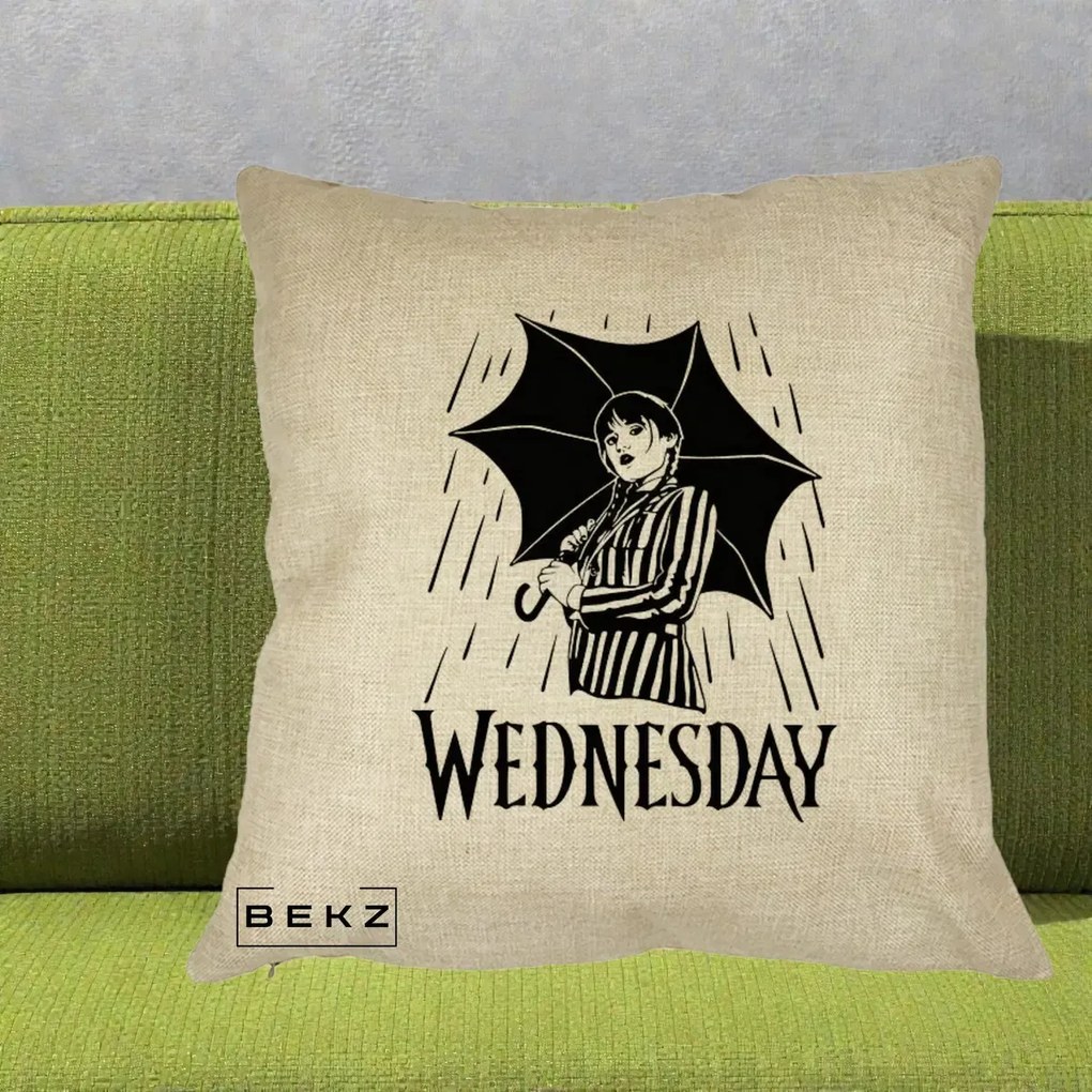 Perna Personalizata Wednesday cu Umbrela Ploaie Lineart, 40x40 cm, Crem, Husa Detasabila, Perna Inclusa, BEKZ®