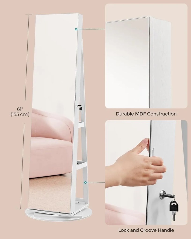 Oglinda de podea cu depozitare bijuterii Alb Songmics 55x55x162 cm