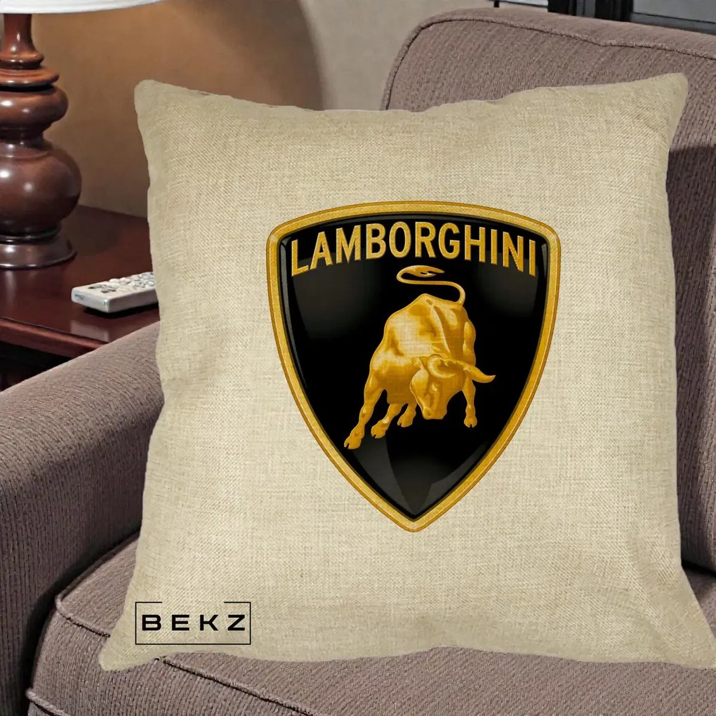 Perna Personalizata cu emblema Lamborghini, 40x40 cm, Crem, Husa Detasabila, Perna Inclusa, BEKZ®