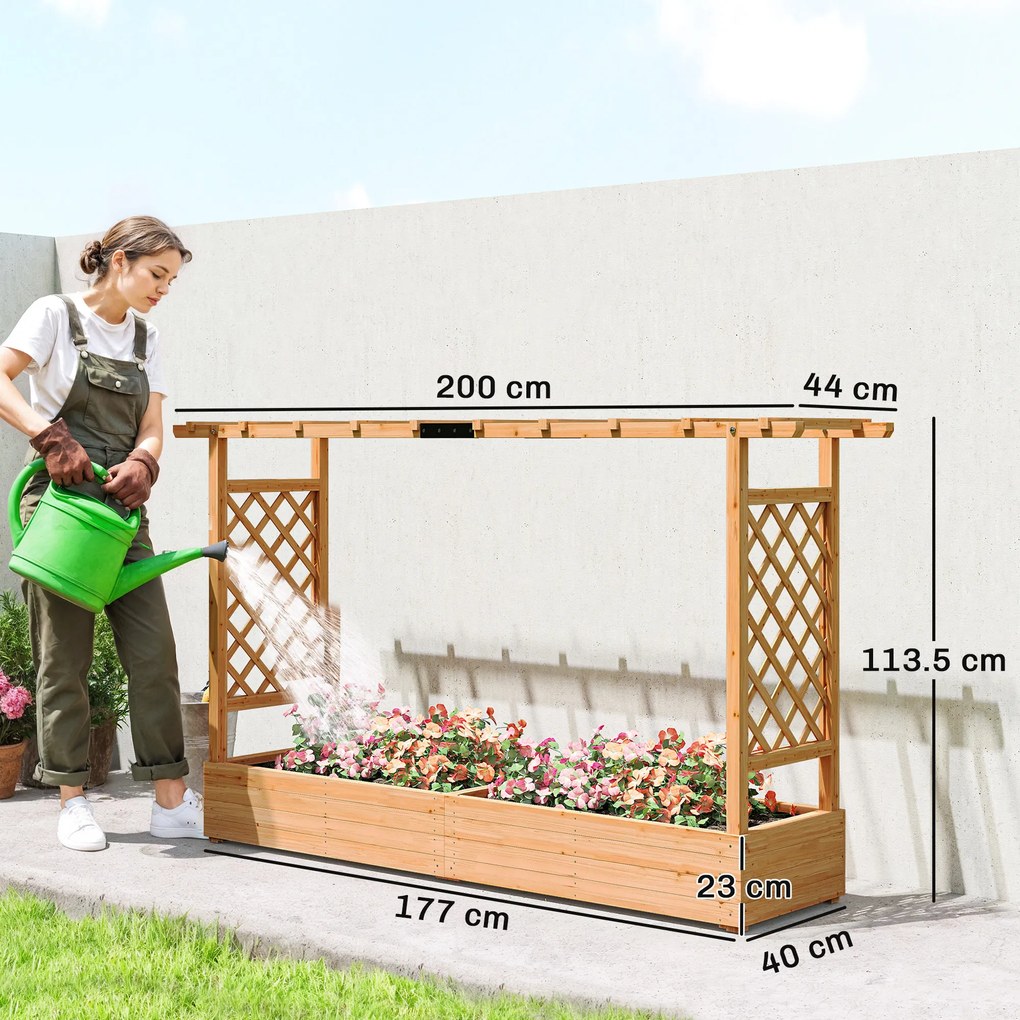Outsunny Jardinieră înălțată cu spalier lateral și superior, jardinieră cu orificii de drenaj, 200x44x113,5cm, lemn natural | Aosom Romania