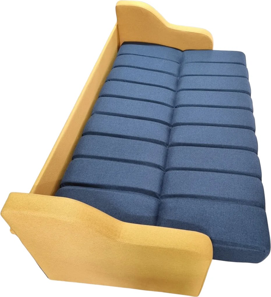 Canapea ALEX extensibila, 3 locuri, cu lada de depozitare, stofa albastru cu galben, 220x90x90 Albastru + Galben