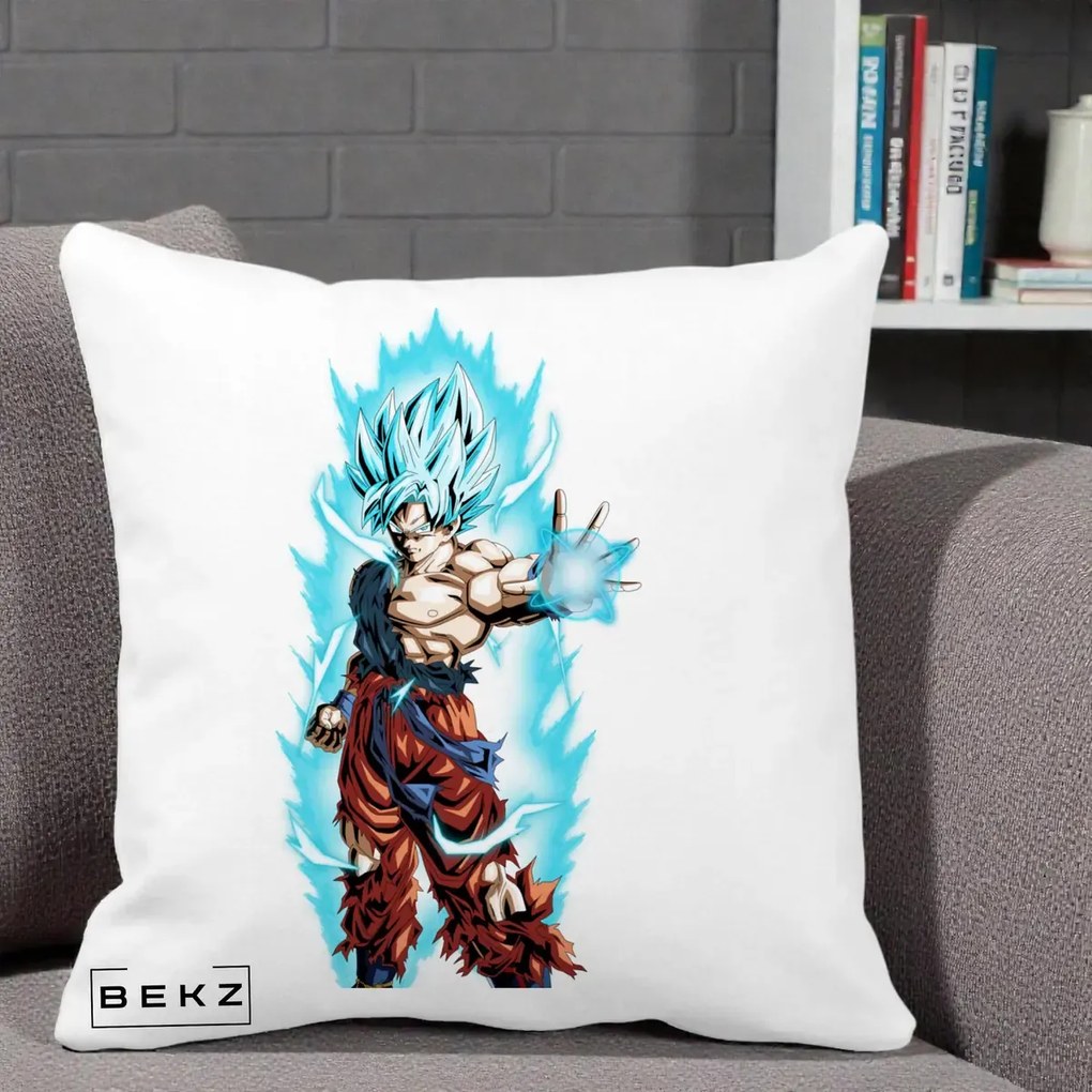 Perna Personalizata Dragon Ball Goku Ultra Instinct Blue, 40x40 cm, Alba Mata, Husa Detasabila, Perna Inclusa, BEKZ®