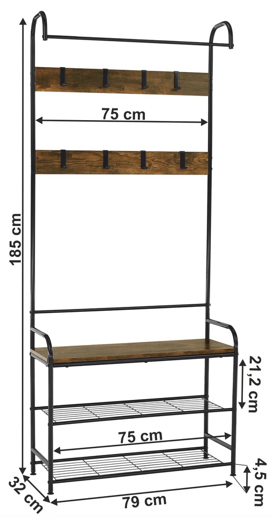Raft pentru pantofi, lemn rustic şi metal negru / MDF, KELAM