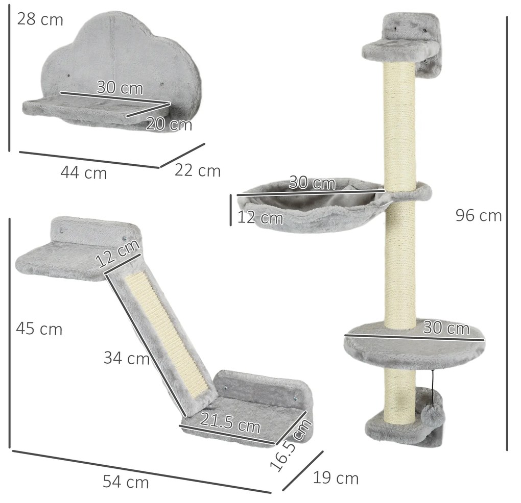 PawHut Set de 3 piese Cățărat pe Perete pentru Pisici cu Hamac Rampă cu Zgârietor Platformă în Formă de Nor Gri | Aosom Romania