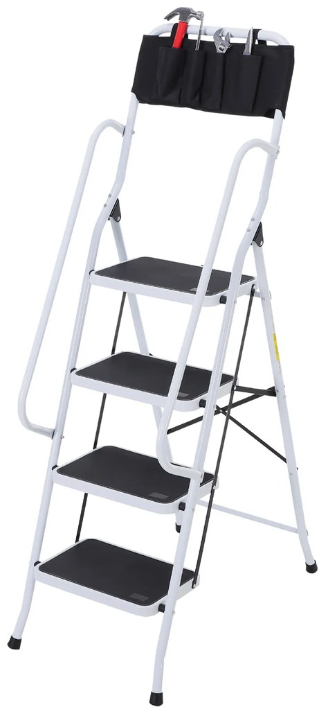 HOMCOM Scară pliabilă 4 trepte XL cu trepte antiderapante, bare duble de siguranță, geantă scule, max.1,55 m, 150 kg, otel, alb/negru | Aosom Romania