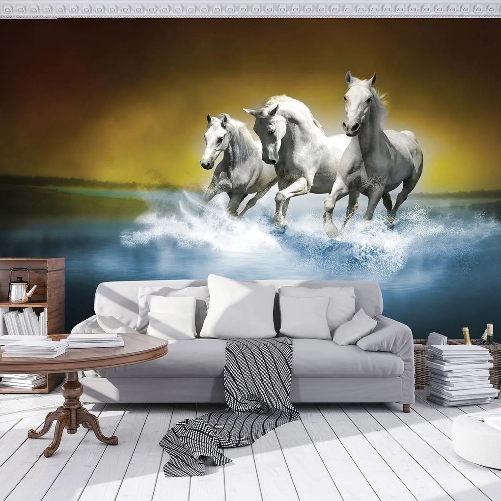 Fototapet - Calul alb în galop pe apă (254x184 cm)
