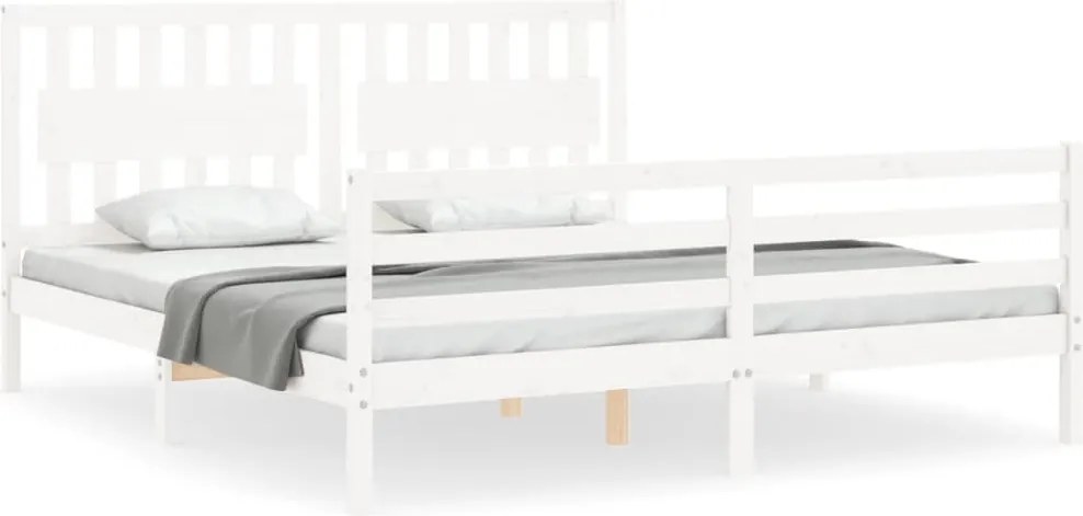 vidaXL Cadru de pat cu tăblie Super King Size, alb, lemn masiv