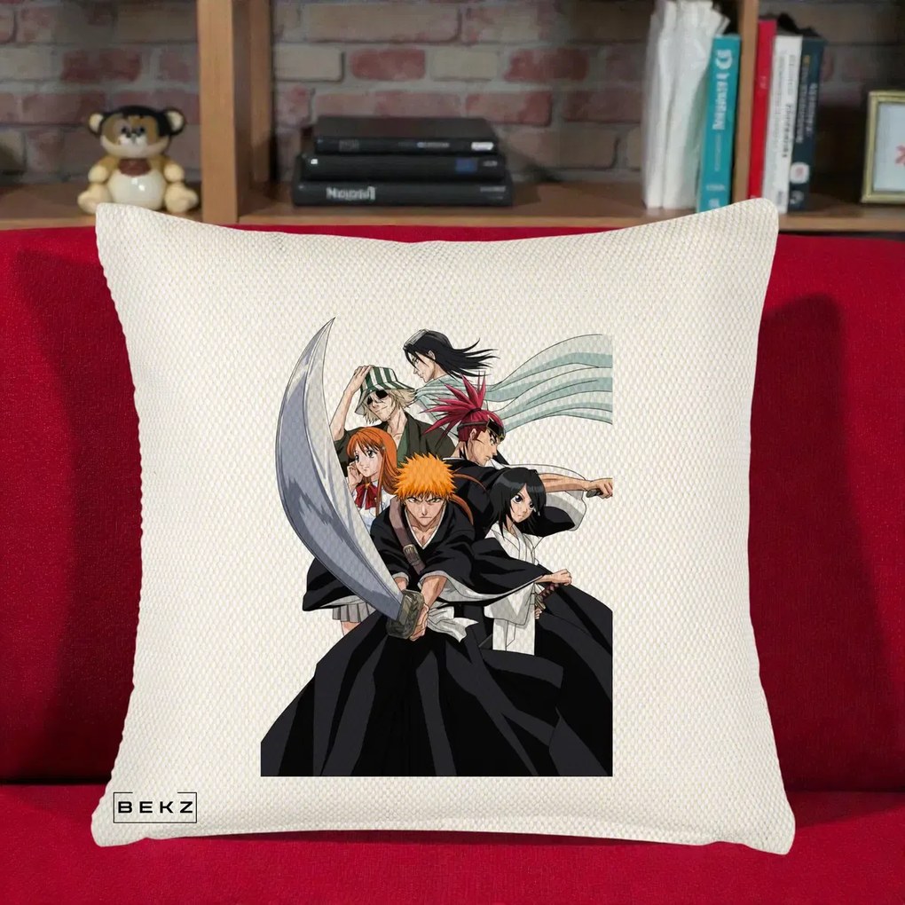 Perna Personalizata Bleach Grup Complet Ichigo si Prietenii, 40x40 cm, Crem Reliefat, Husa Detasabila, Perna Inclusa, BEKZ®