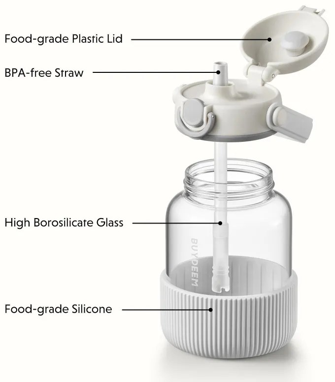 Sticla BUYDEEM DG78-OW, 800 ml, Pai pop-up, Maner, Sticla rezistenta la caldura pana la 150°C, Etansare triplă, Alb
