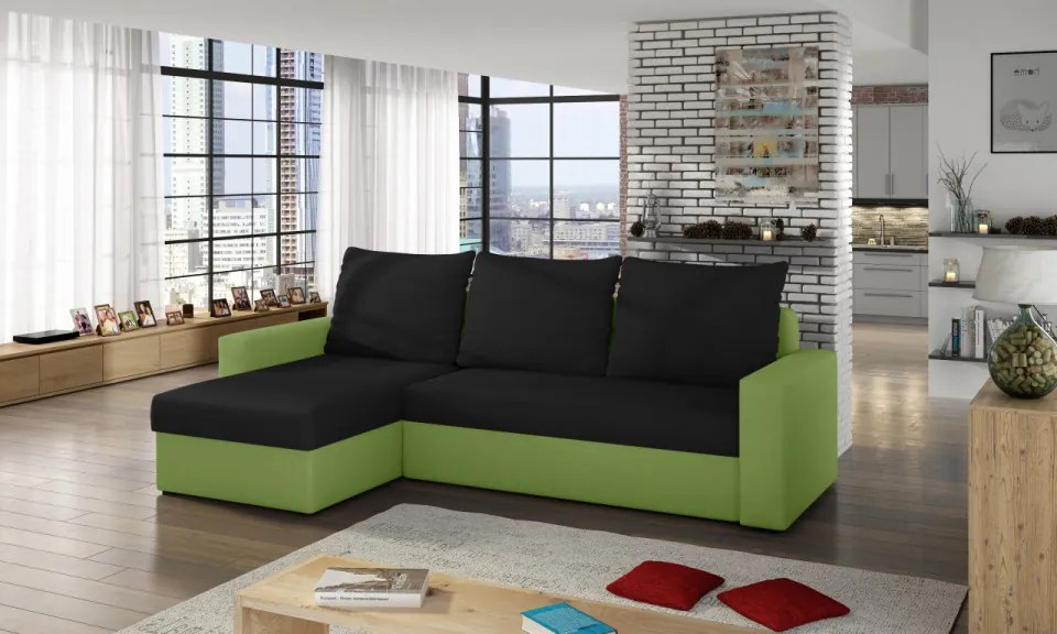 Coltar extensibil cu spatiu pentru depozitare, 237x90x150 cm, Livio 02. Eltap (Culoare: Negru / Verde praz)