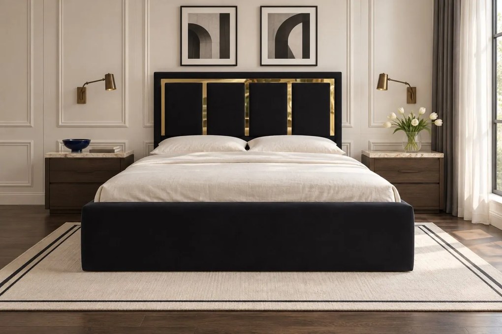 Pat tapițat din catifea Nivora 160×200 cm, negru, cu ladă de depozitare