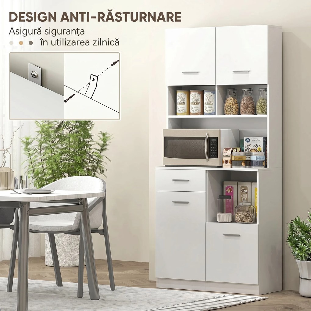 HOMCOM Dulap Înalt pentru Bucătărie cu Sertar, 4 Dulapuri și 3 Spații Deschise, 80x35x180 cm, Alb | Aosom Romania