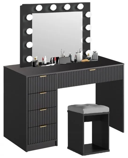 SEN22 - Set Masa Neagra toaleta cu riflaje, 120 cm, cosmetica, masuta machiaj, oglinda cu LED, cu sau fara scaun