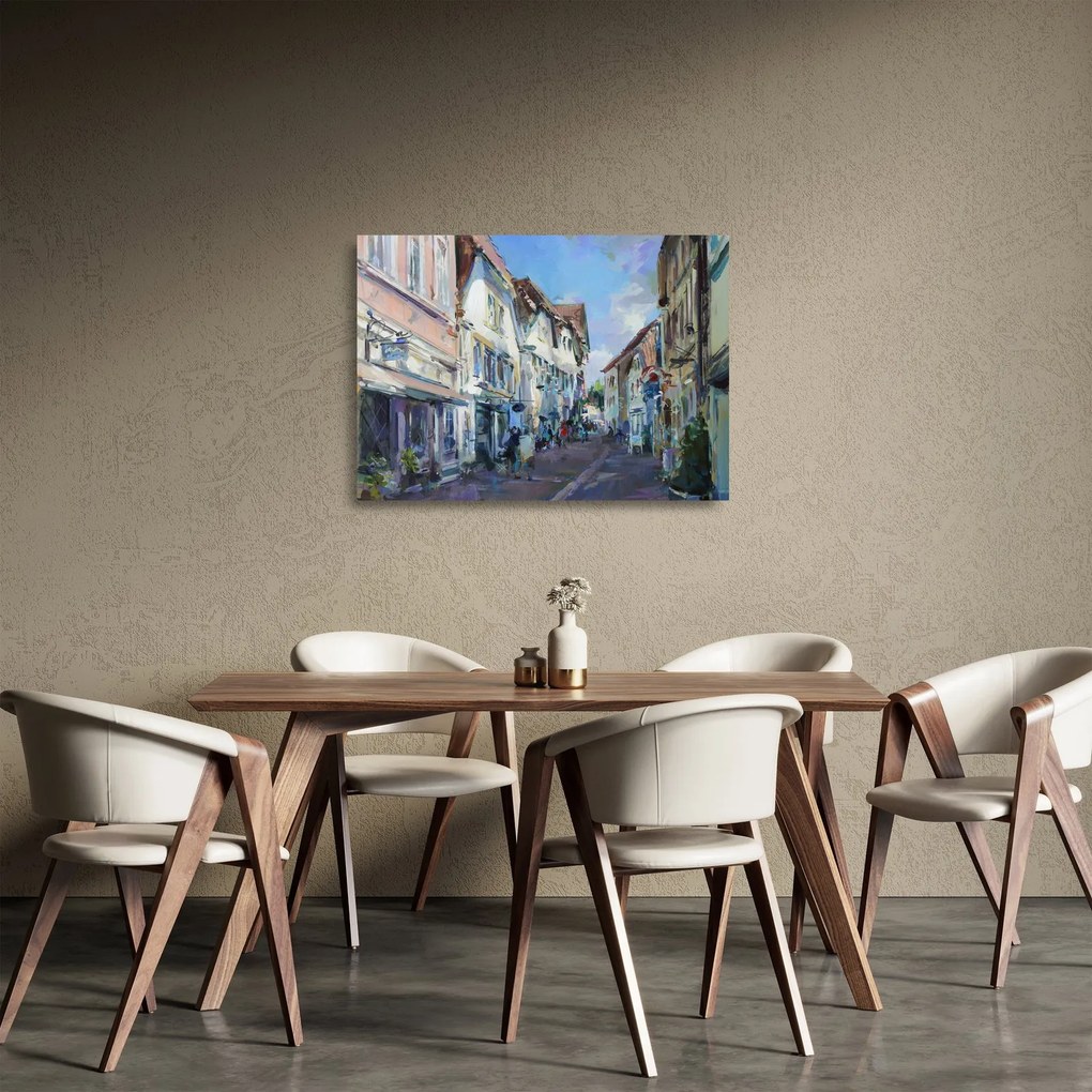 Tablou pe sticlă - Strada orașului vechi, pictură acrilică (70x50 cm)
