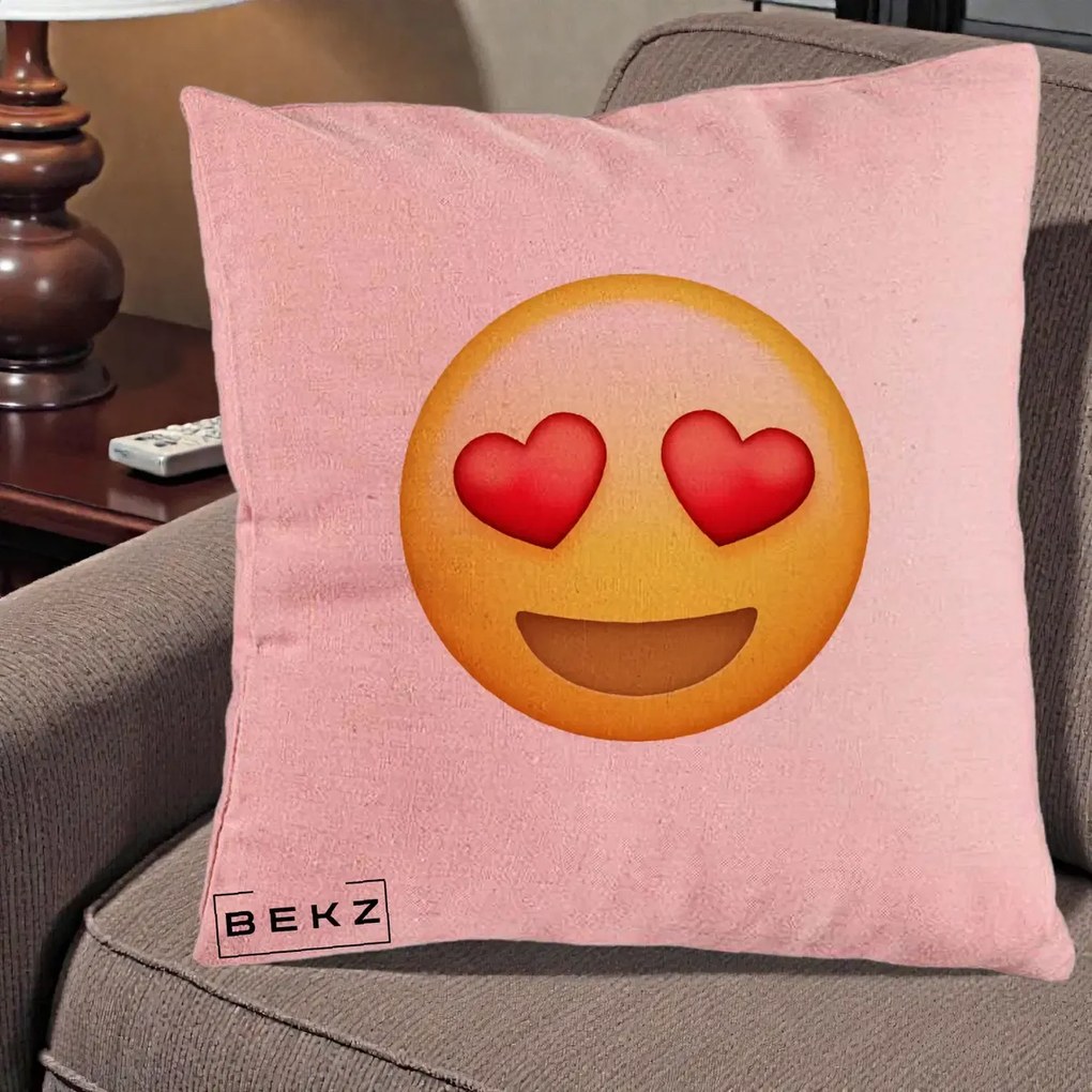 Perna Decorativa Emoji Inimi in Ochi, 40x40 cm, Roz, Husa Detasabila, Perna Inclusa, BEKZ®