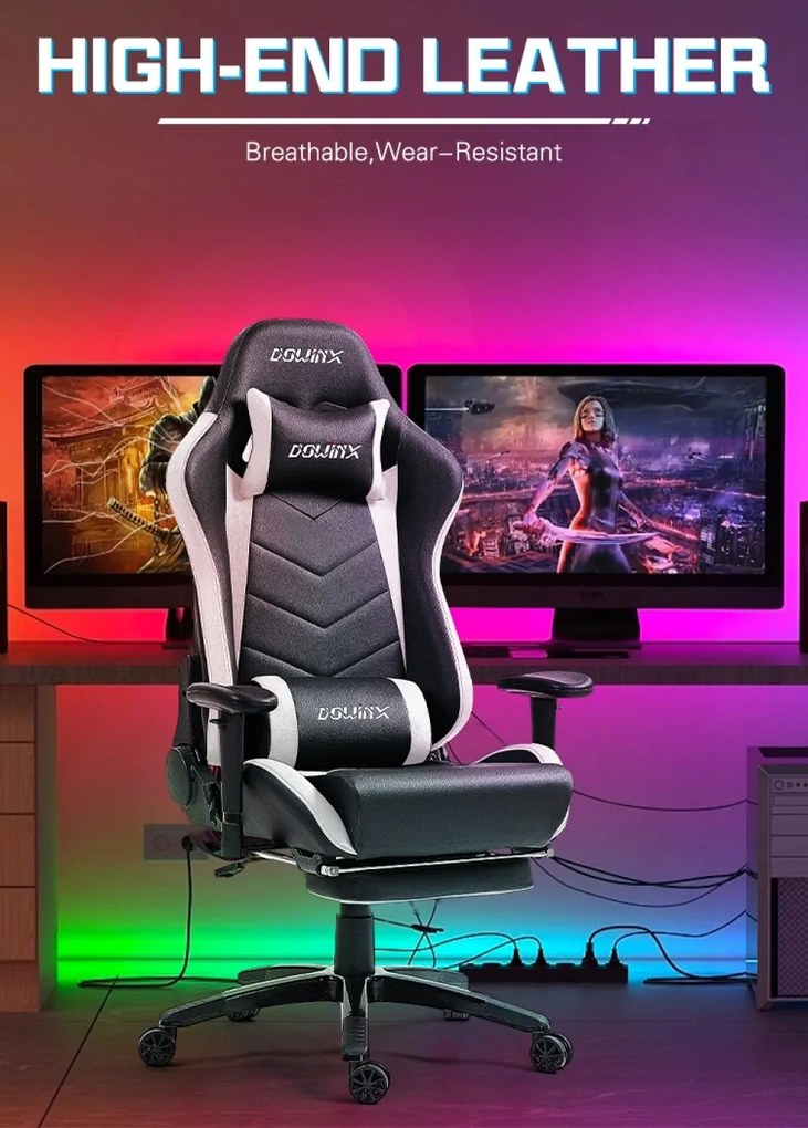 DOWINX Scaun gaming, ergonomic, suport lombar cu masaj, spătar rabatabil 90-180°, cotiere reglabile, suport pentru picioare, rezistent 150 kg, piele PU, Negru/Alb