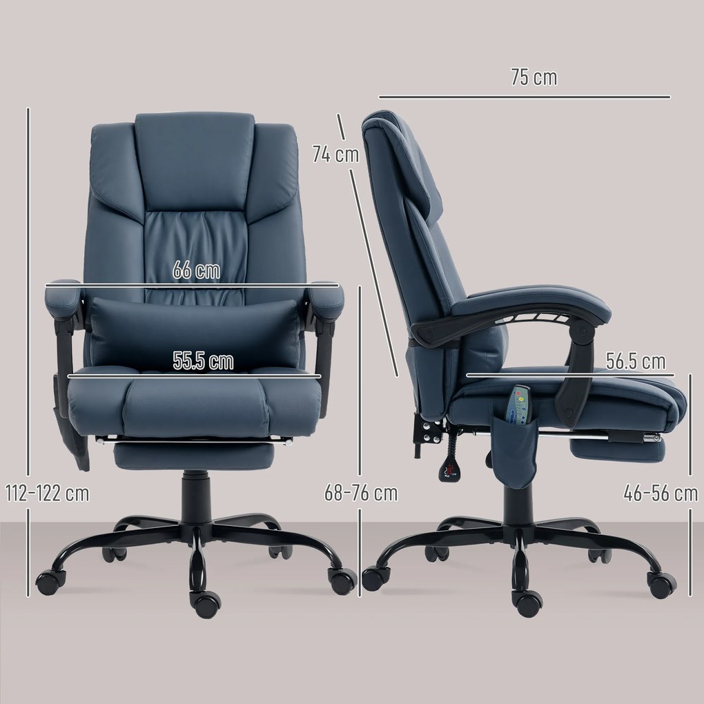 Vinsetto Fotoliu de birou masaj, suport pentru picioare, înălțime reglabilă, spătar înclinat, telecomandă cu fir, 66x75x122cm, albastru | Aosom Romania
