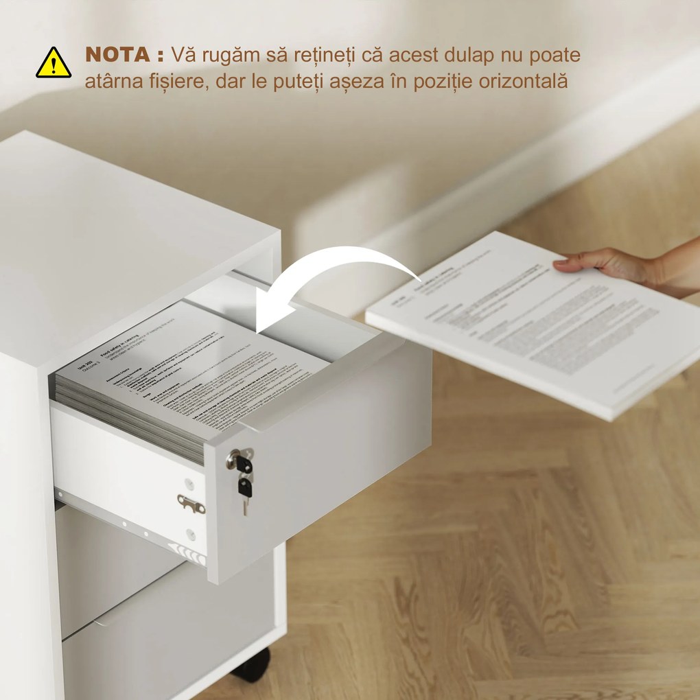 HOMCOM Dulap de Birou cu 3 Sertare cu Chei și 4 Rotile Alb și Gri | Aosom Romania