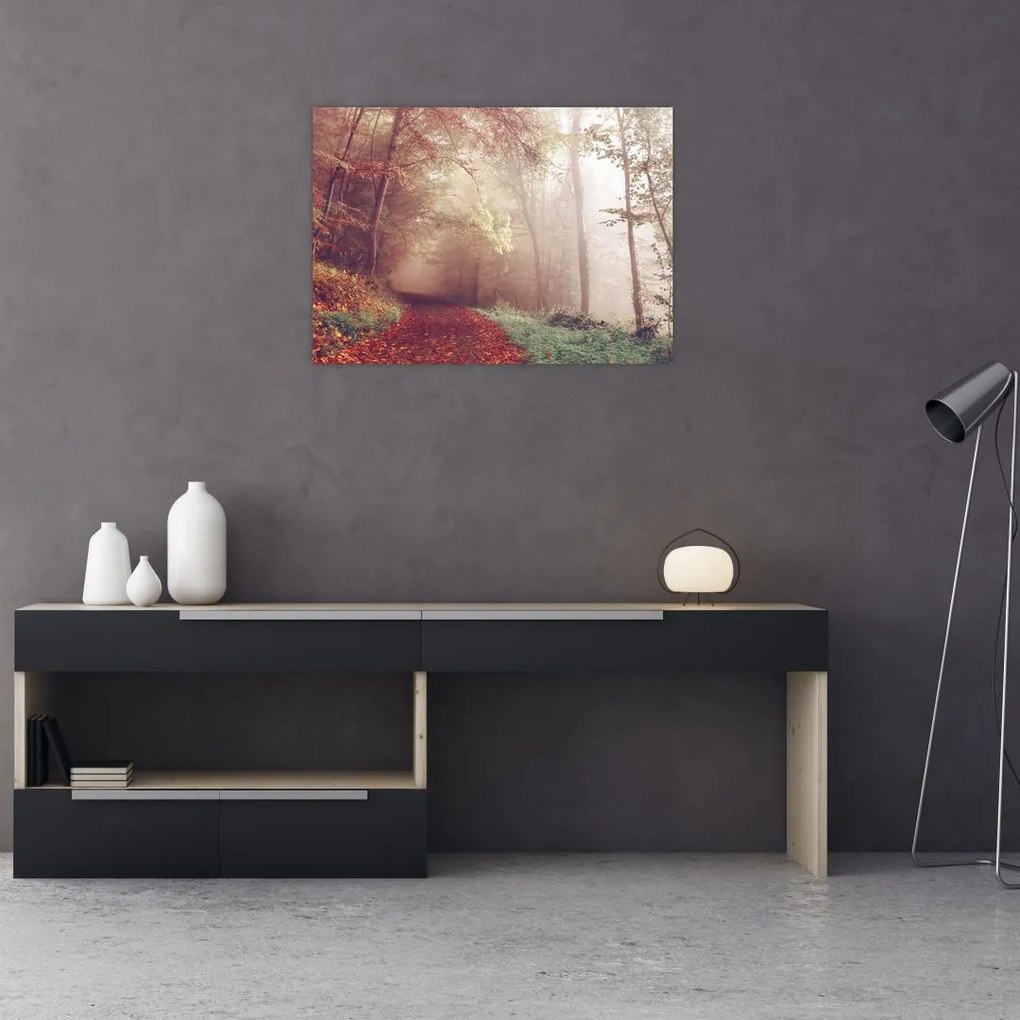 Tablou pe sticlă - Plimbarea de toamnă prin pădure (70x50 cm)