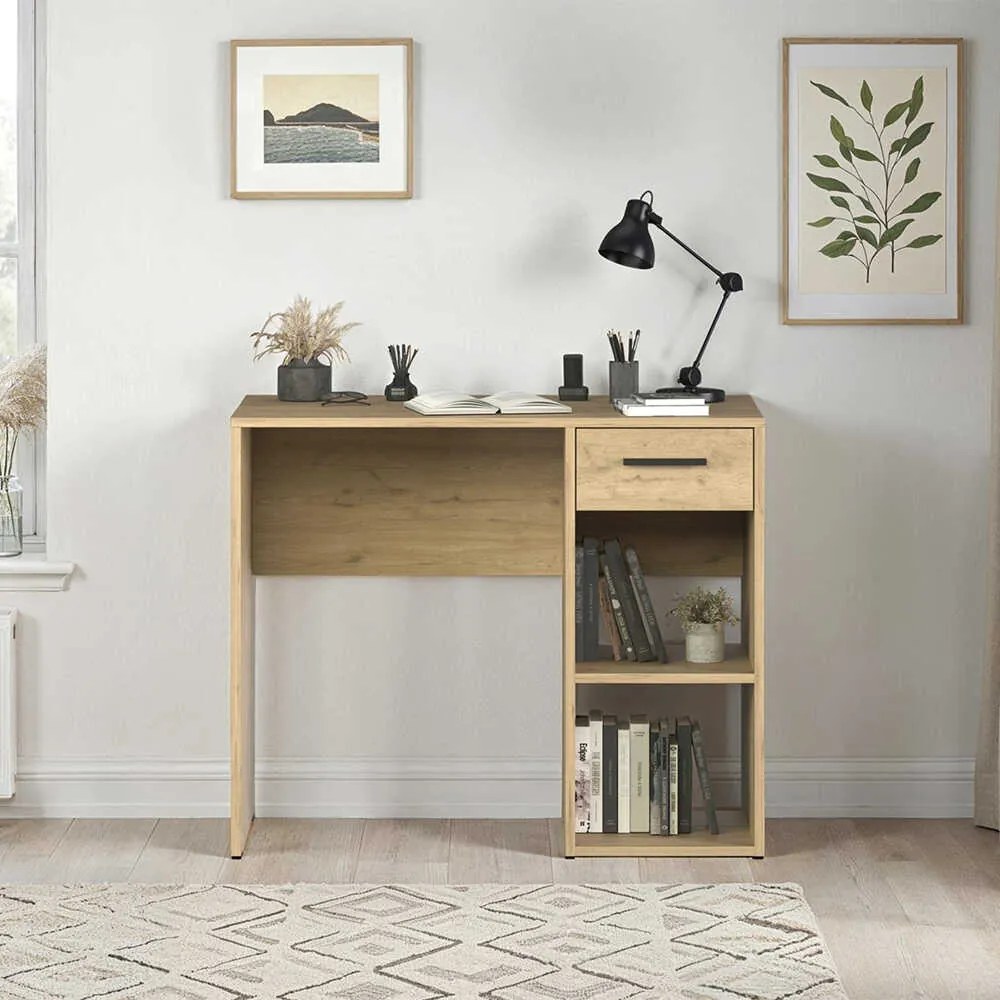 Birou Modern Adore Concept cu Sertar și 2 Rafturi, Alb - Maro - Stejar - Antracit, 90x52x75 cm
