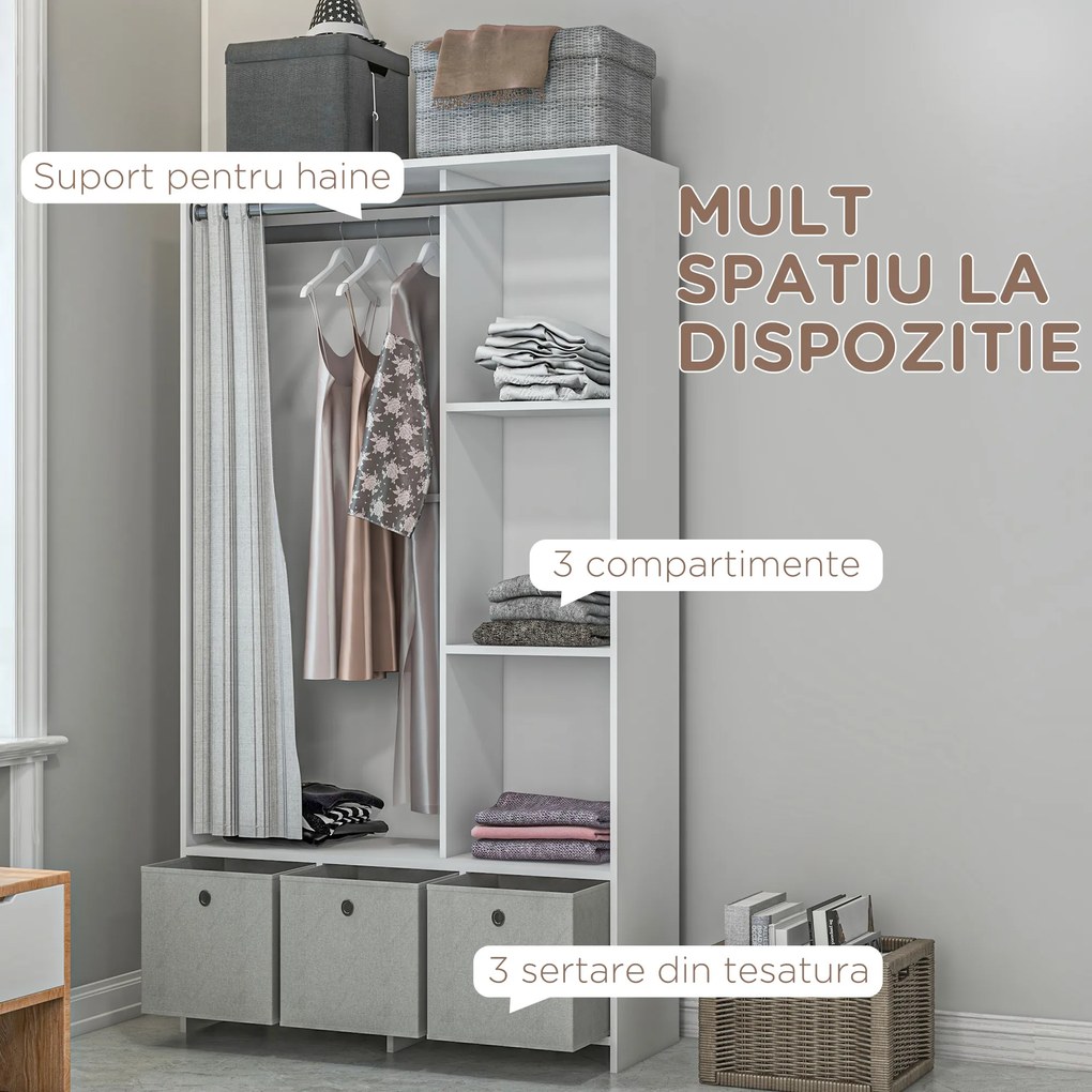 HOMCOM Dulap Modern cu Bară de Agățat, 3 Compartimente și Sertare din Țesătură, Organizator de Haine pentru Dormitor, Natural | Aosom Romania