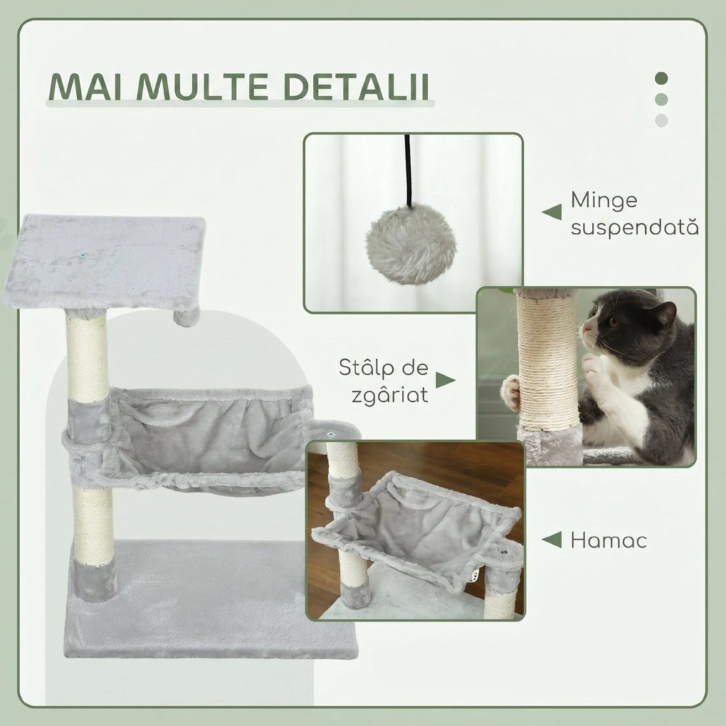 PawHut Ansamblu de Zgâriat pentru Pisici, 2 Niveluri, cu Hamac și Mingiuță, PAL și Pluș, 50 x 36 x 70 Cm, Gri Deschis | Aosom Romania